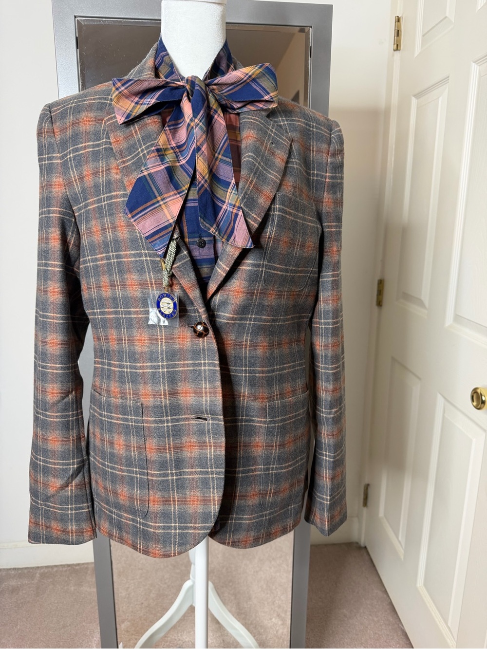 Rowing Blazers Grey Plaid Blazer with Orange Accents